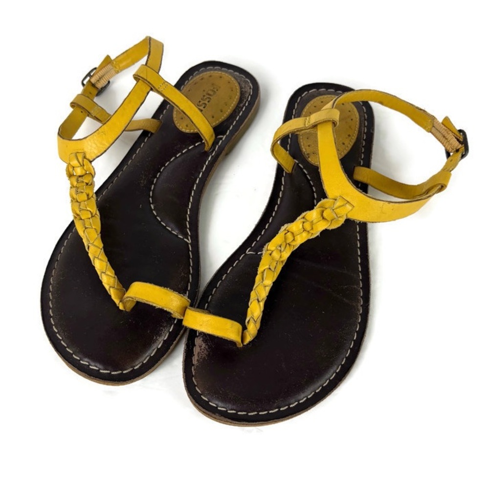 Fossil Woven Leather Boho Western Thong Ankle Sandals in Yellow/Brown